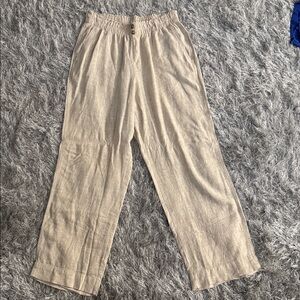 Beige Linen Wide-Leg Pants